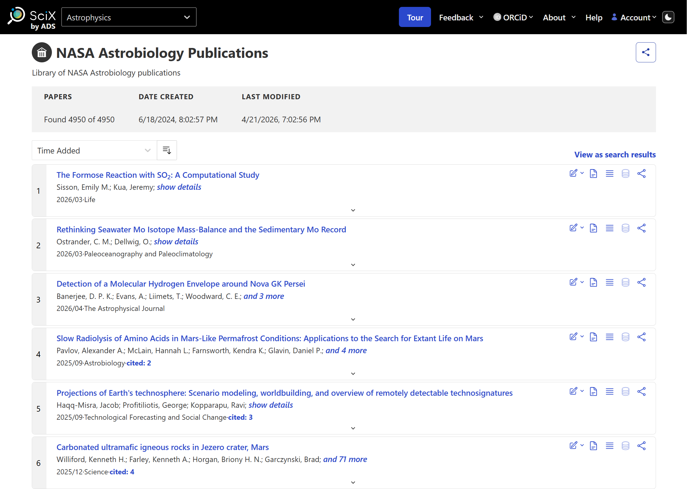 SciX interface showing the NASA Astrobiology Publications library with a list of papers and sorting options