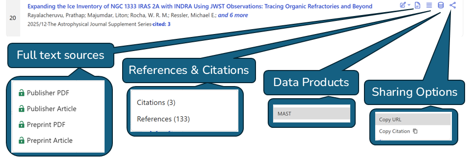 SciX article view with options for full text, citations, data products, and sharing